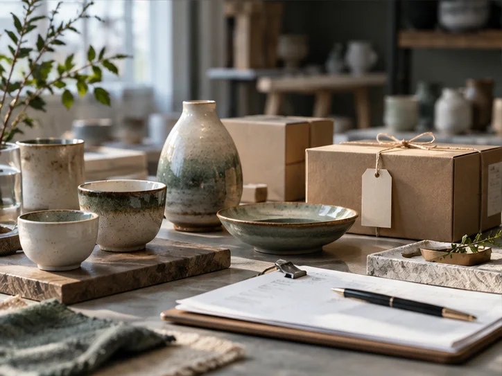产品设计工作室的陶瓷和包装样品,旁边只有少量业务记录,账务支持产品经营的关系明确