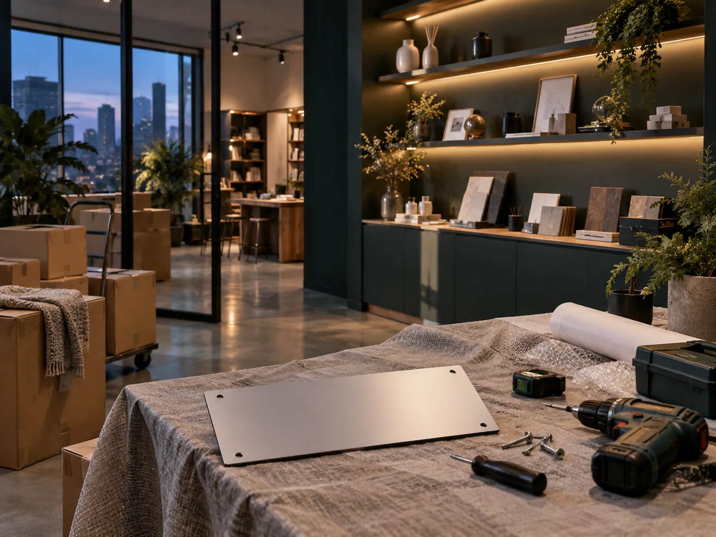 新工作室的样品展示墙刚布置好，未安装的空白门牌与工具放在前景，表达搬迁更新
