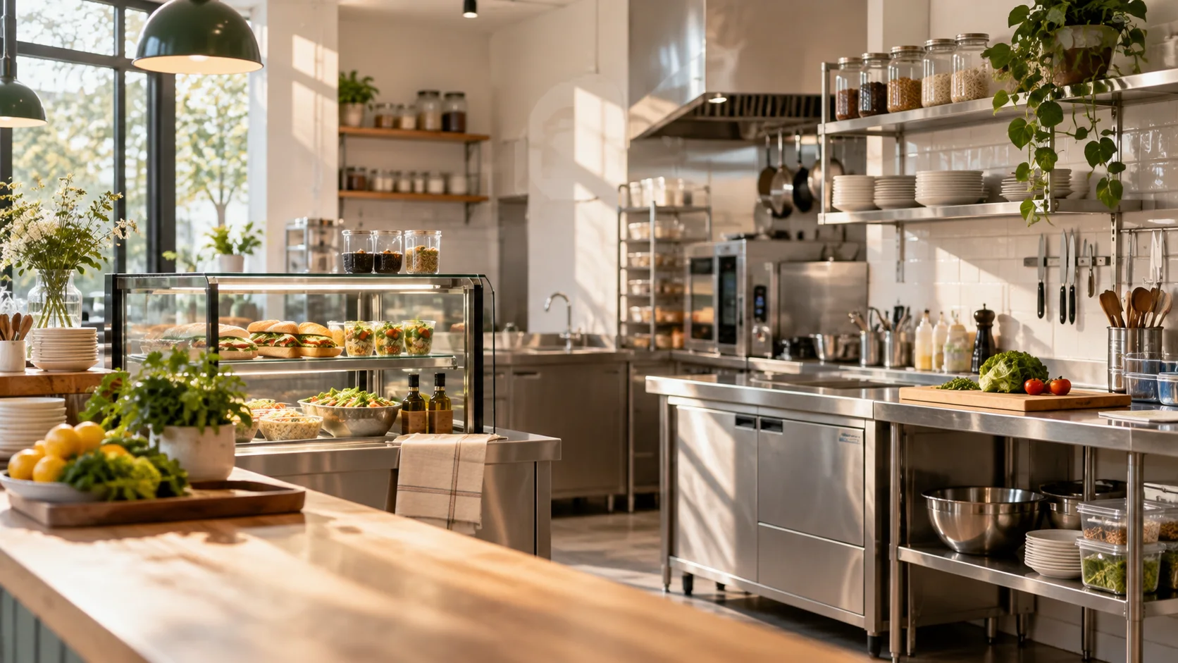食品经营筹备中的精品轻餐空间,不锈钢操作台、釉面砖、玻璃器皿和清楚的分区