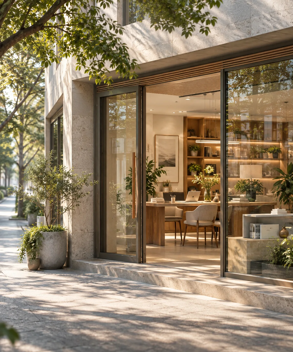 通透的现代街角独立店铺，石材门廊框住温暖的陈列空间，经营日常已从容展开