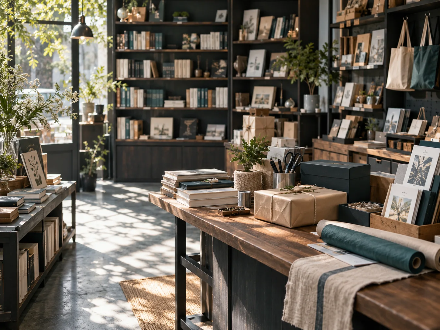 小型图书与文创门店的货架和包装区，书脊无可读文字，表现经营条件准备