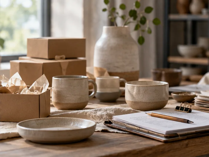产品设计工作室的陶瓷和包装样品,旁边只有少量业务记录,账务支持产品经营的关系明确