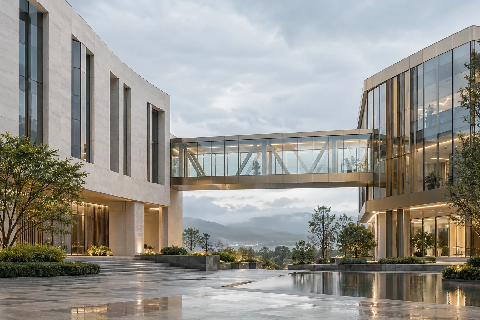 两翼不同材质的建筑通过通透廊桥相连,体量真实克制,以空间关系表达调整与协同