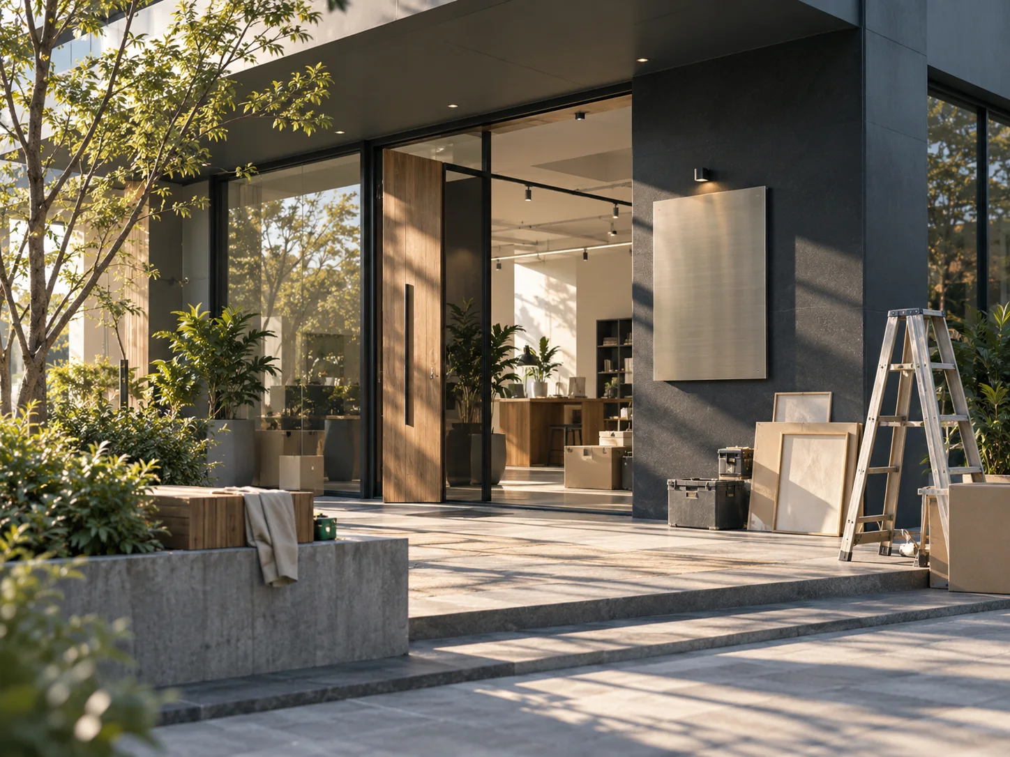 改造中的精品工作室门庭，木样、金属标识底板和自然光形成新经营起点