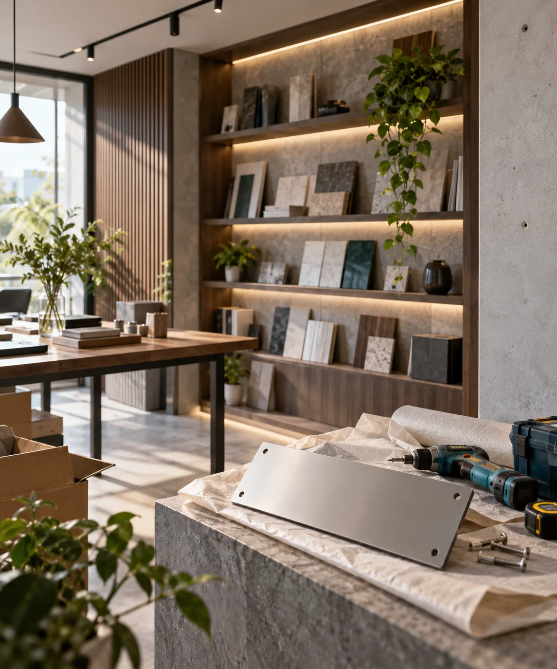 新工作室的样品展示墙刚布置好，未安装的空白门牌与工具放在前景，表达搬迁更新