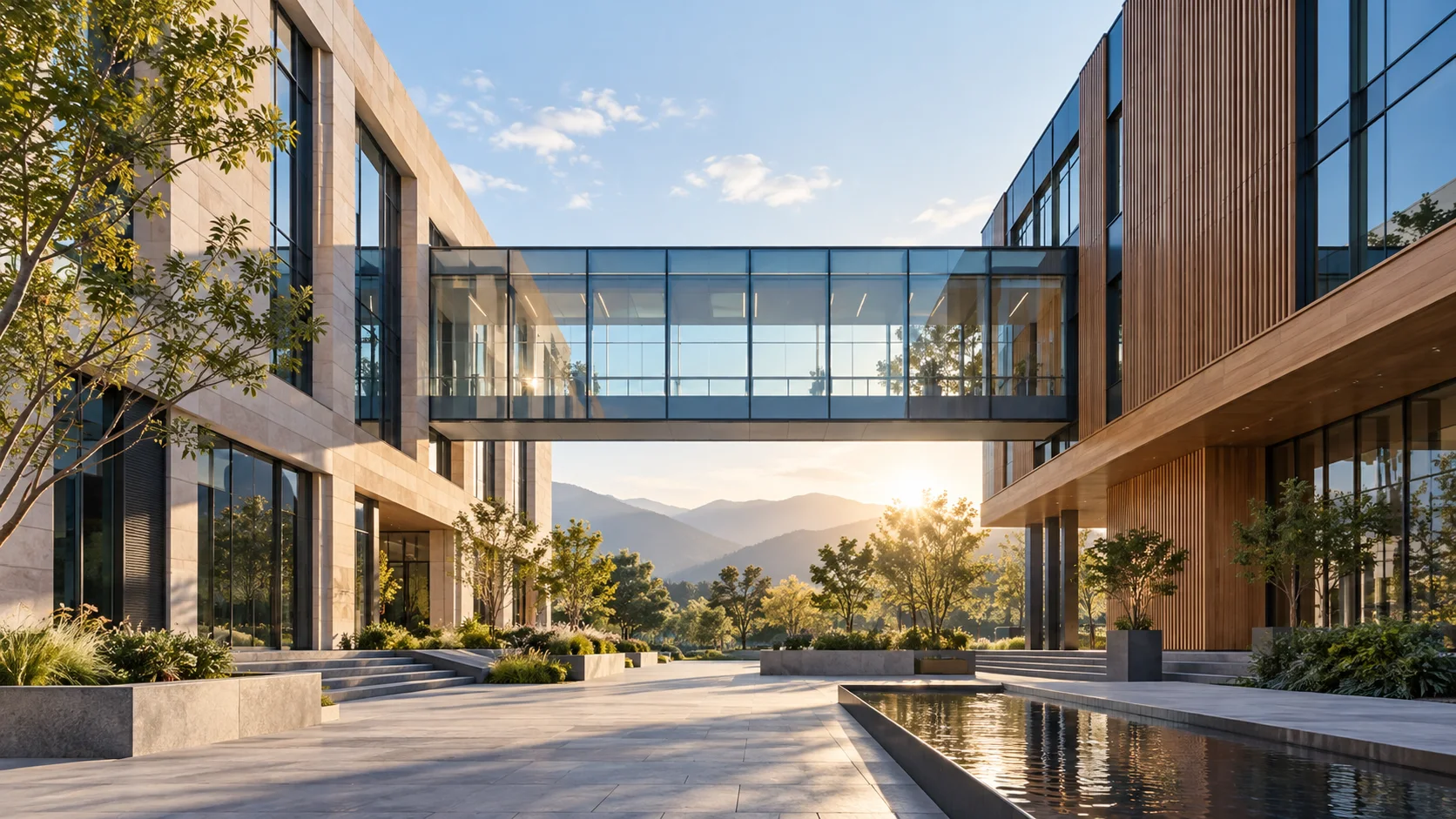 两翼不同材质的建筑通过通透廊桥相连,体量真实克制,以空间关系表达调整与协同