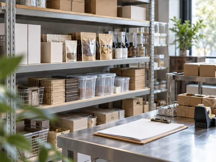 干净的产品样品与分类存储空间，细致的货架、空白资料记录，表现业务条件梳理