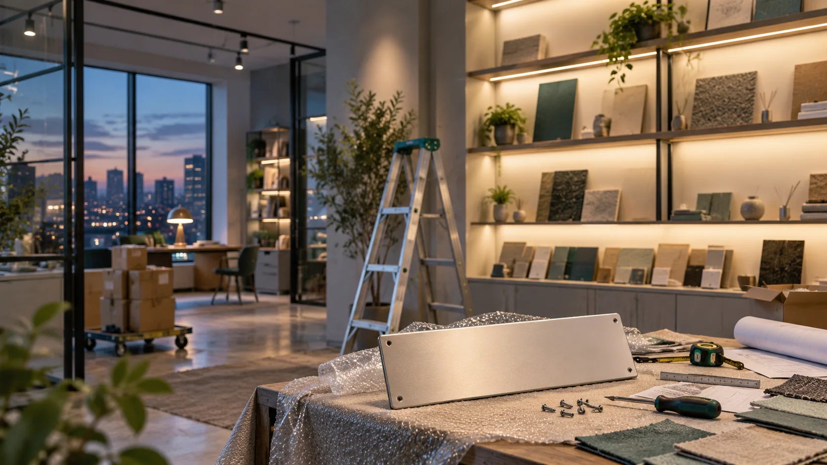 新工作室的样品展示墙刚布置好,未安装的空白门牌与工具放在前景,表达搬迁更新