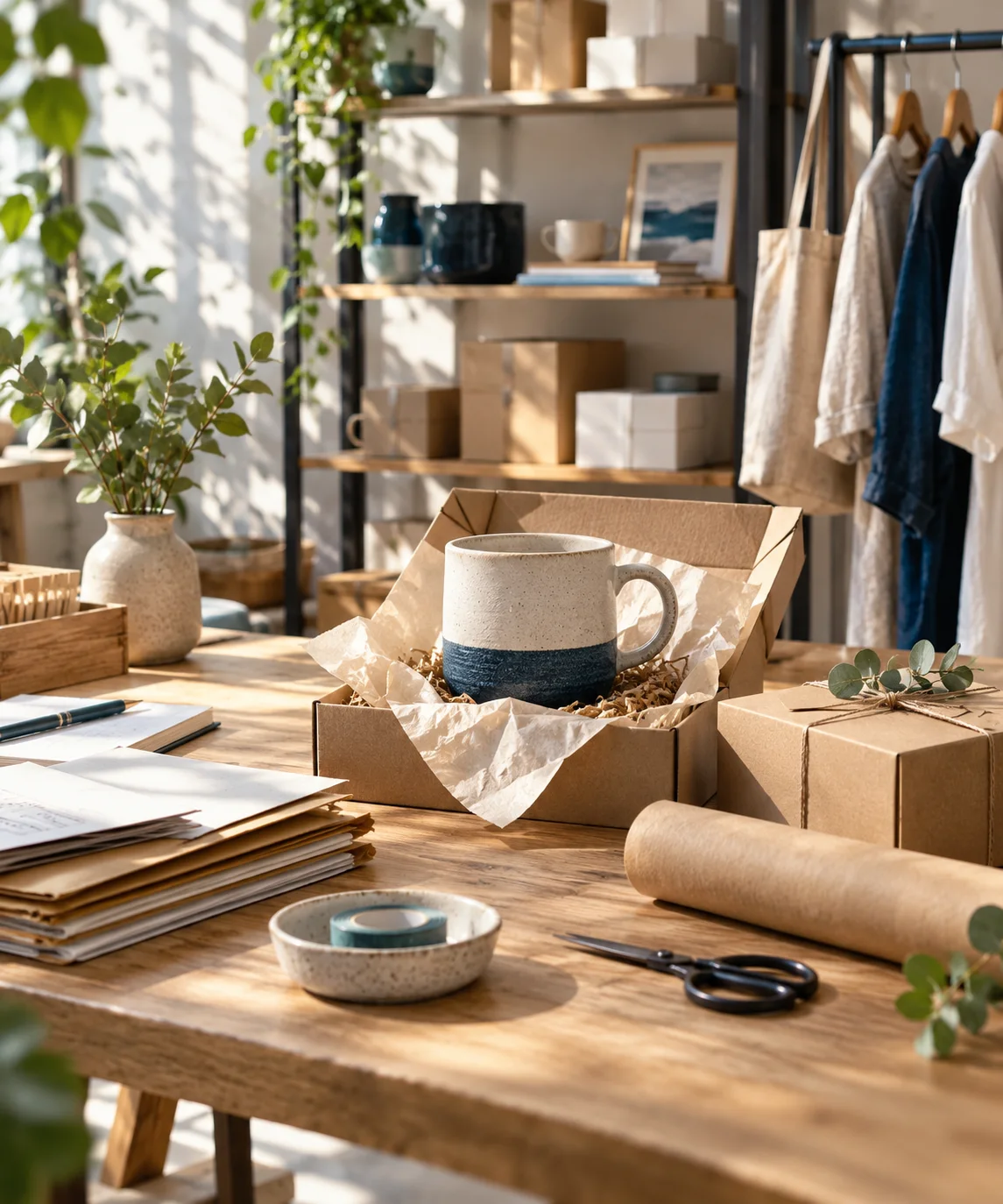 电商样品间里的单件商品、包装纸和待归集订单，选物克制而不拍仓库流水账