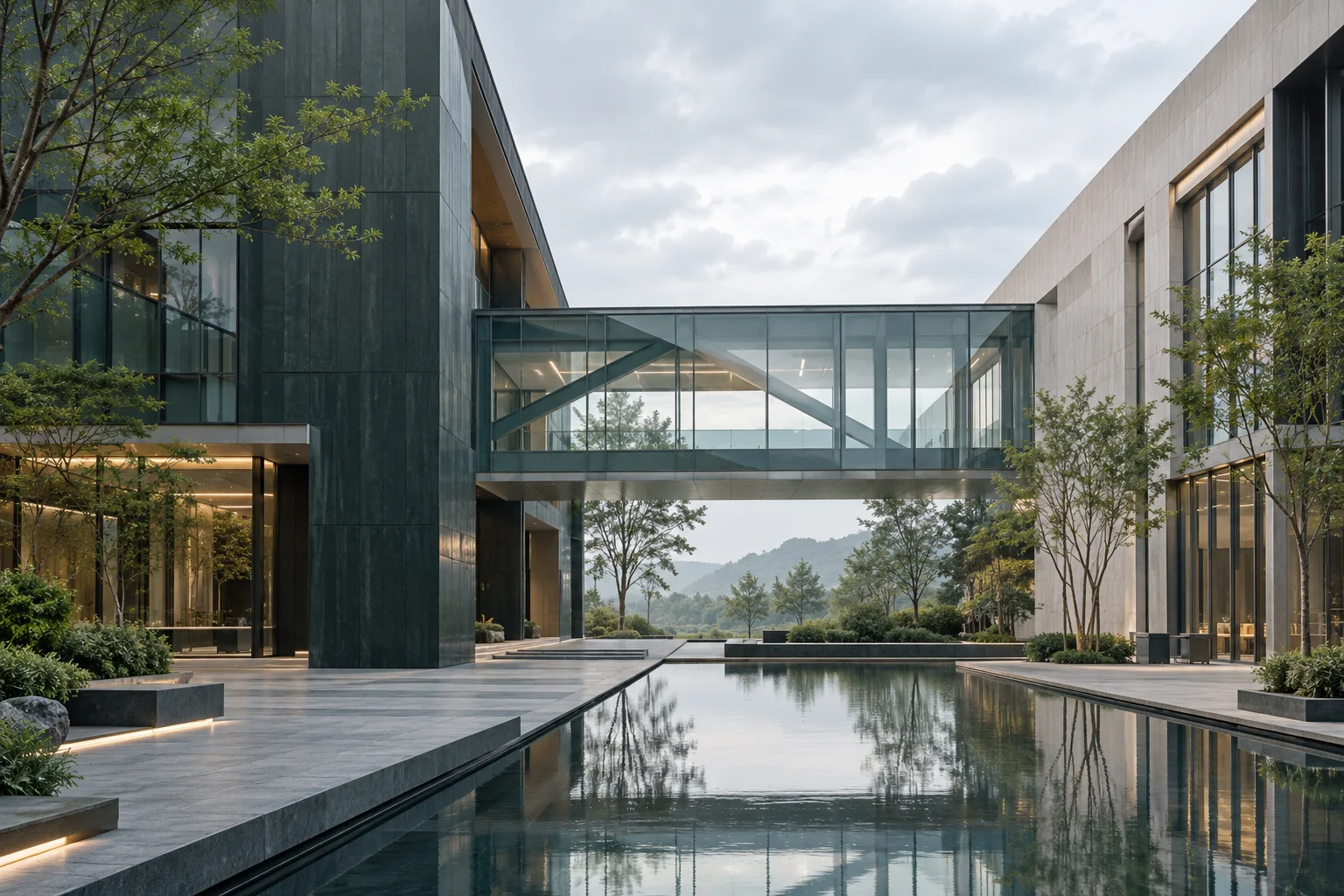 两翼不同材质的建筑通过通透廊桥相连，体量真实克制，以空间关系表达调整与协同