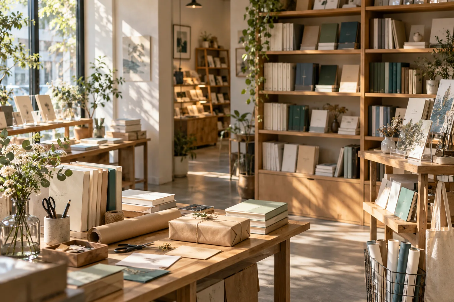 小型图书与文创门店的货架和包装区，书脊无可读文字，表现经营条件准备