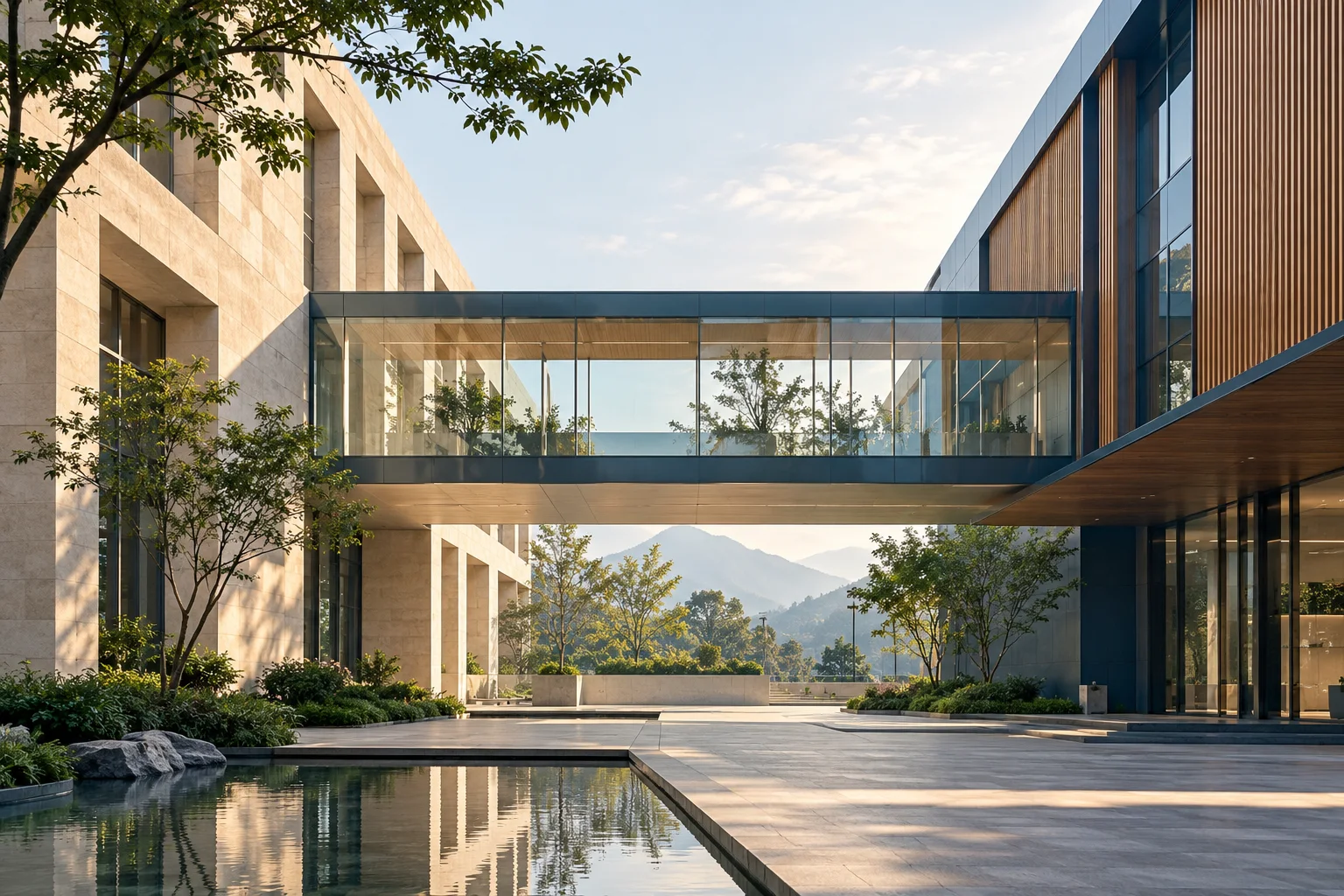 两翼不同材质的建筑通过通透廊桥相连,体量真实克制,以空间关系表达调整与协同