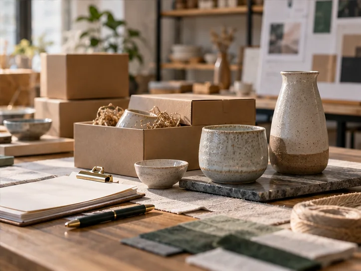 产品设计工作室的陶瓷和包装样品，旁边只有少量业务记录，账务支持产品经营的关系明确