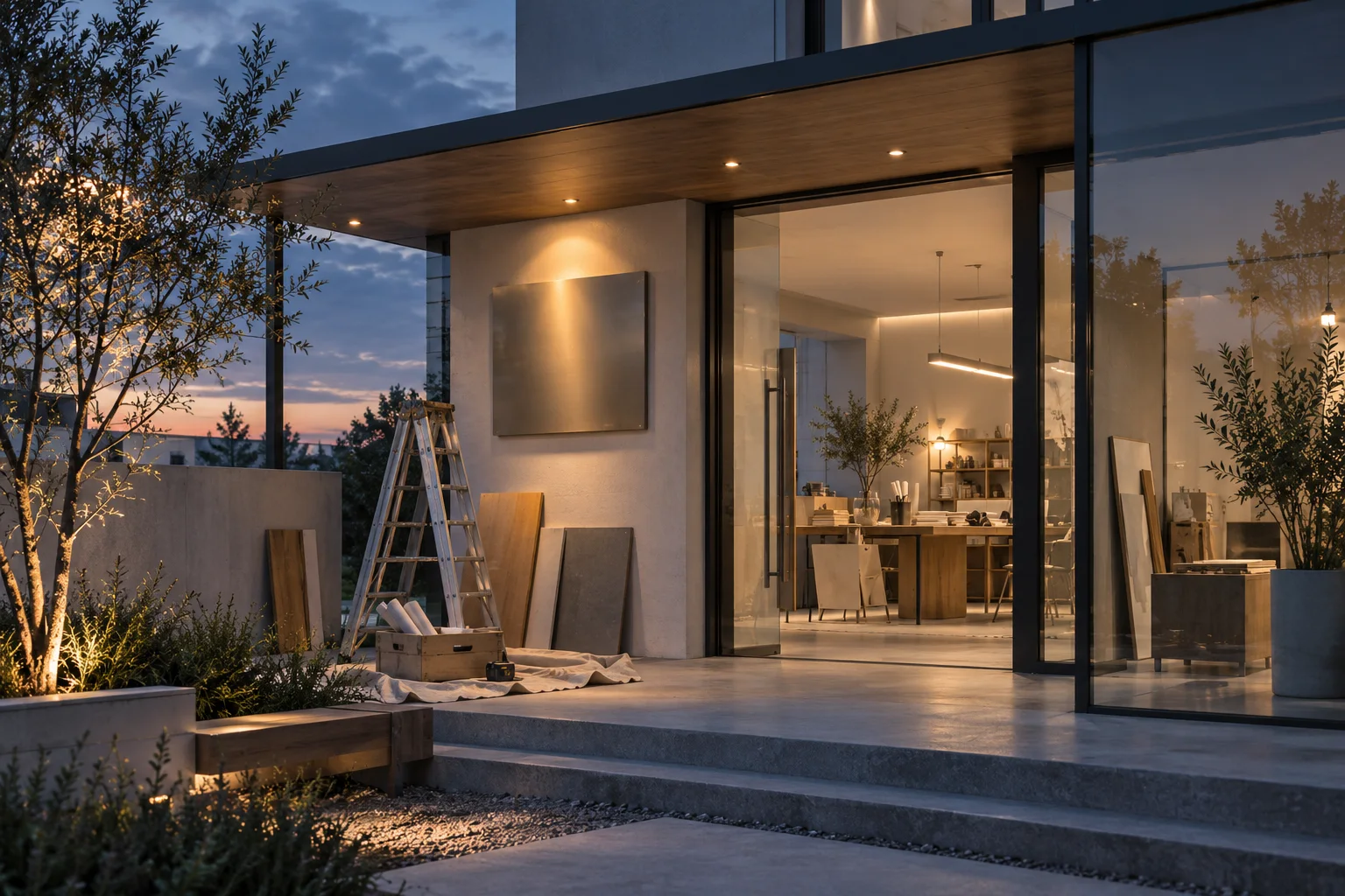 改造中的精品工作室门庭,木样、金属标识底板和自然光形成新经营起点