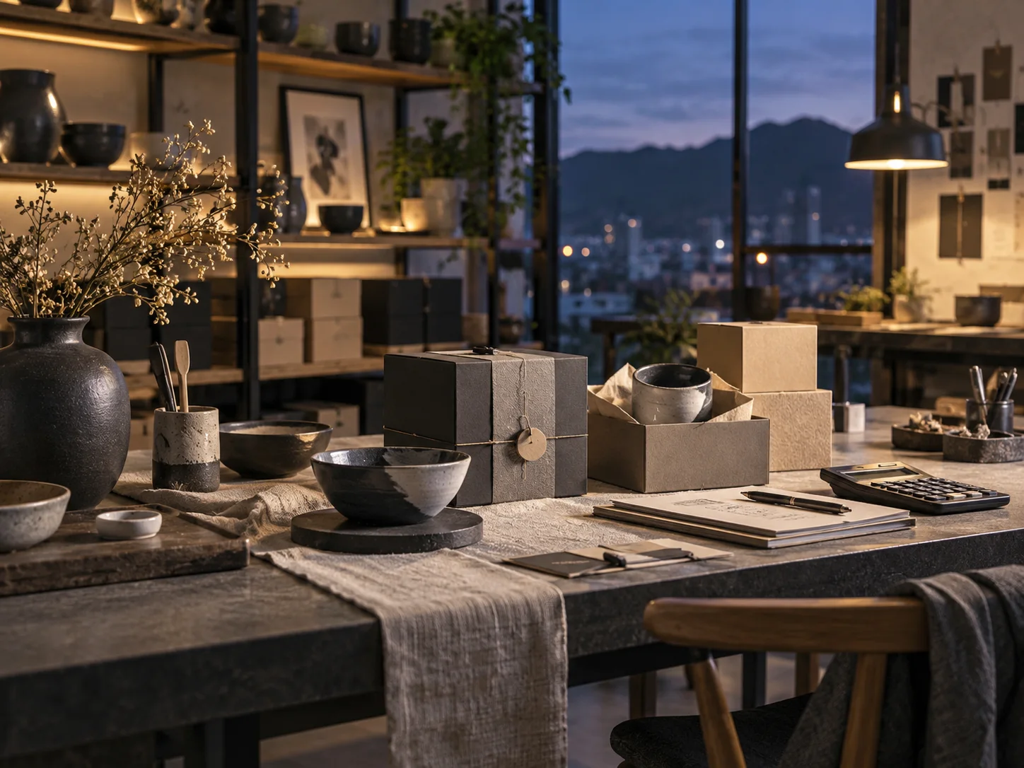 产品设计工作室的陶瓷和包装样品，旁边只有少量业务记录，账务支持产品经营的关系明确