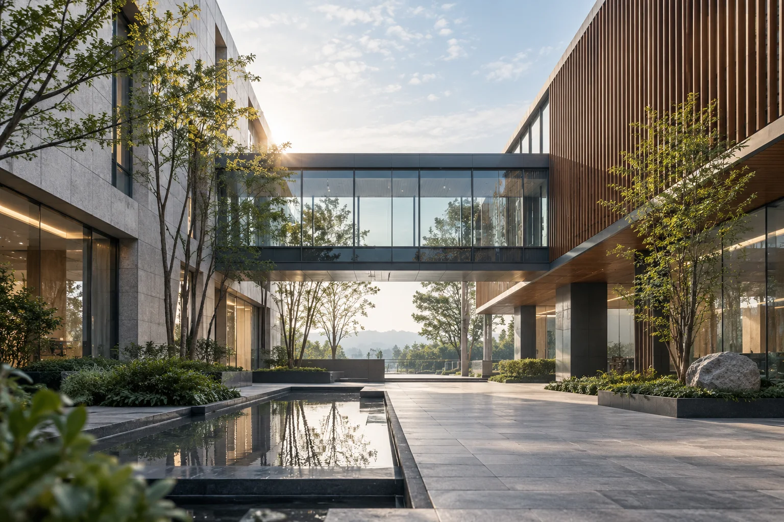 两翼不同材质的建筑通过通透廊桥相连，体量真实克制，以空间关系表达调整与协同