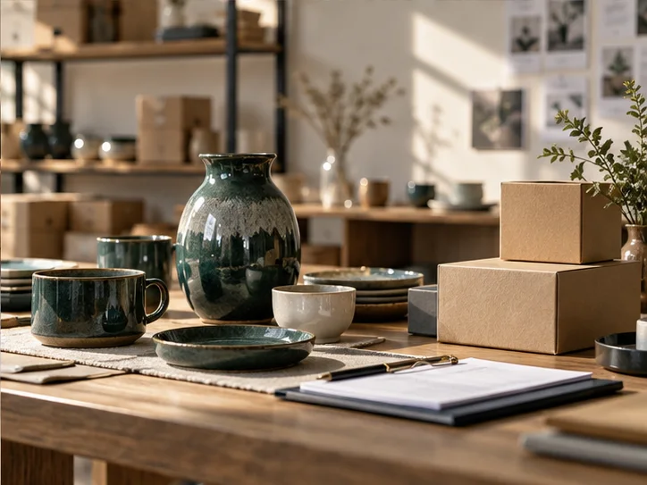 产品设计工作室的陶瓷和包装样品，旁边只有少量业务记录，账务支持产品经营的关系明确