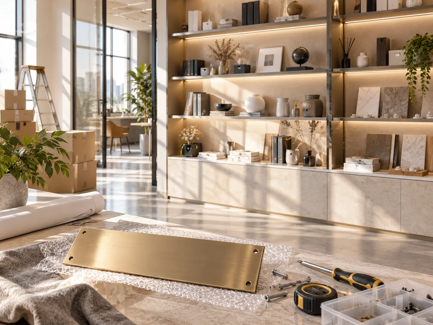 新工作室的样品展示墙刚布置好，未安装的空白门牌与工具放在前景，表达搬迁更新