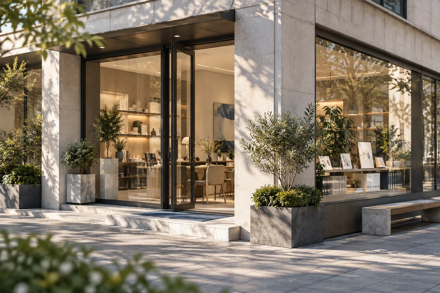 通透的现代街角独立店铺,石材门廊框住温暖的陈列空间,经营日常已从容展开