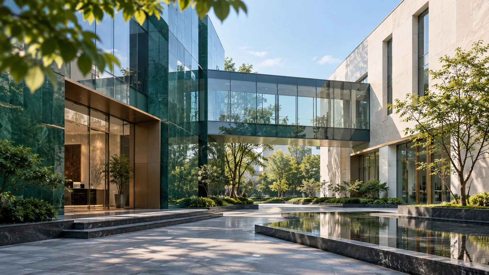 两翼不同材质的建筑通过通透廊桥相连,体量真实克制,以空间关系表达调整与协同