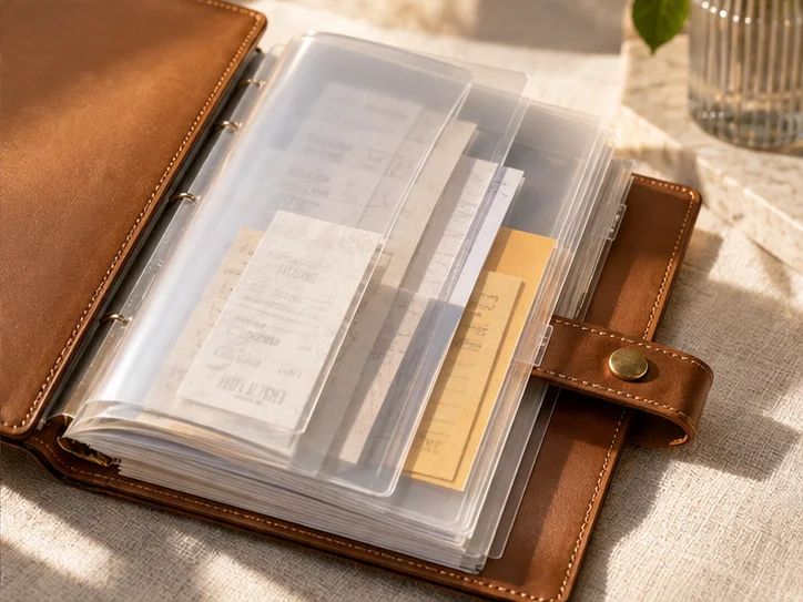 皮革册页、半透明凭证隔页和少量实物产品标签，表现业务记录与核算之间的联系