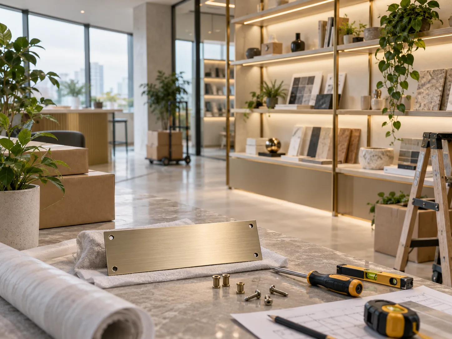 新工作室的样品展示墙刚布置好，未安装的空白门牌与工具放在前景，表达搬迁更新