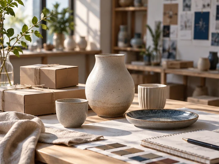 产品设计工作室的陶瓷和包装样品，旁边只有少量业务记录，账务支持产品经营的关系明确