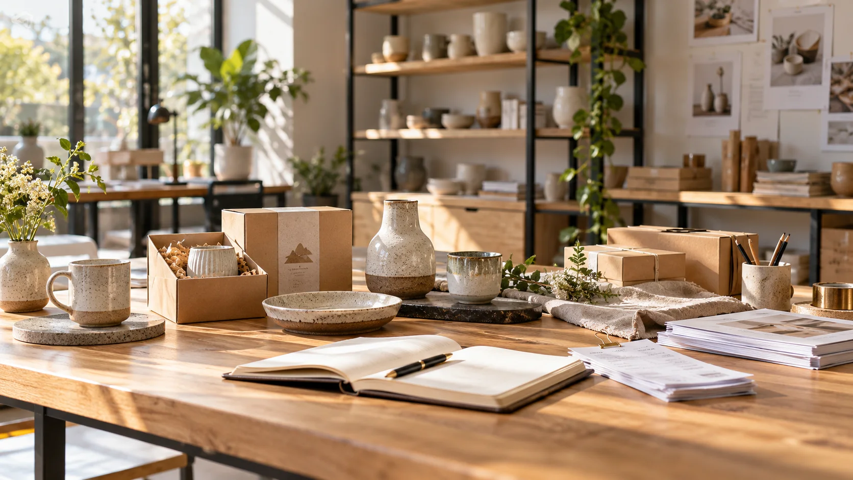 产品设计工作室的陶瓷和包装样品,旁边只有少量业务记录,账务支持产品经营的关系明确