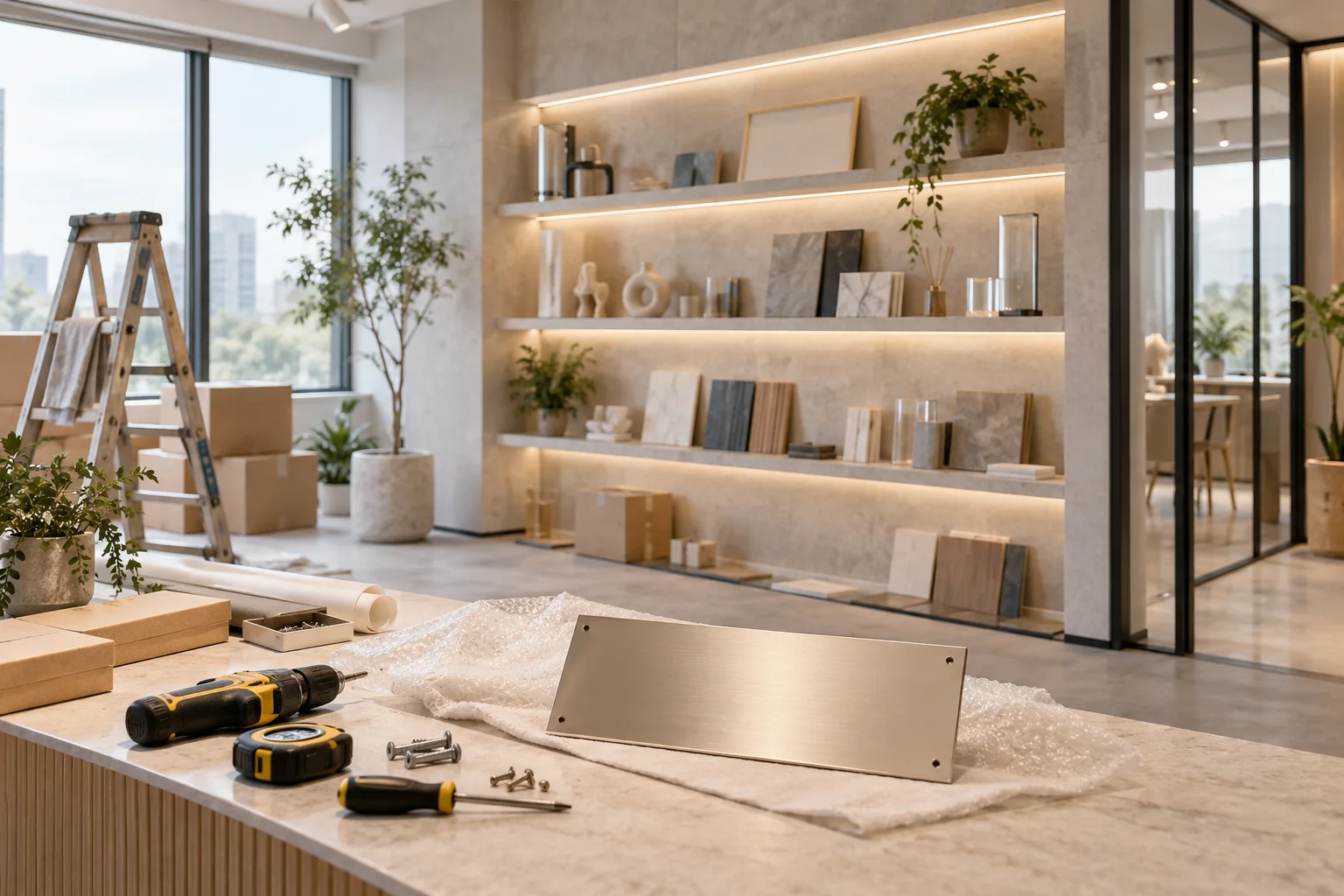 新工作室的样品展示墙刚布置好，未安装的空白门牌与工具放在前景，表达搬迁更新