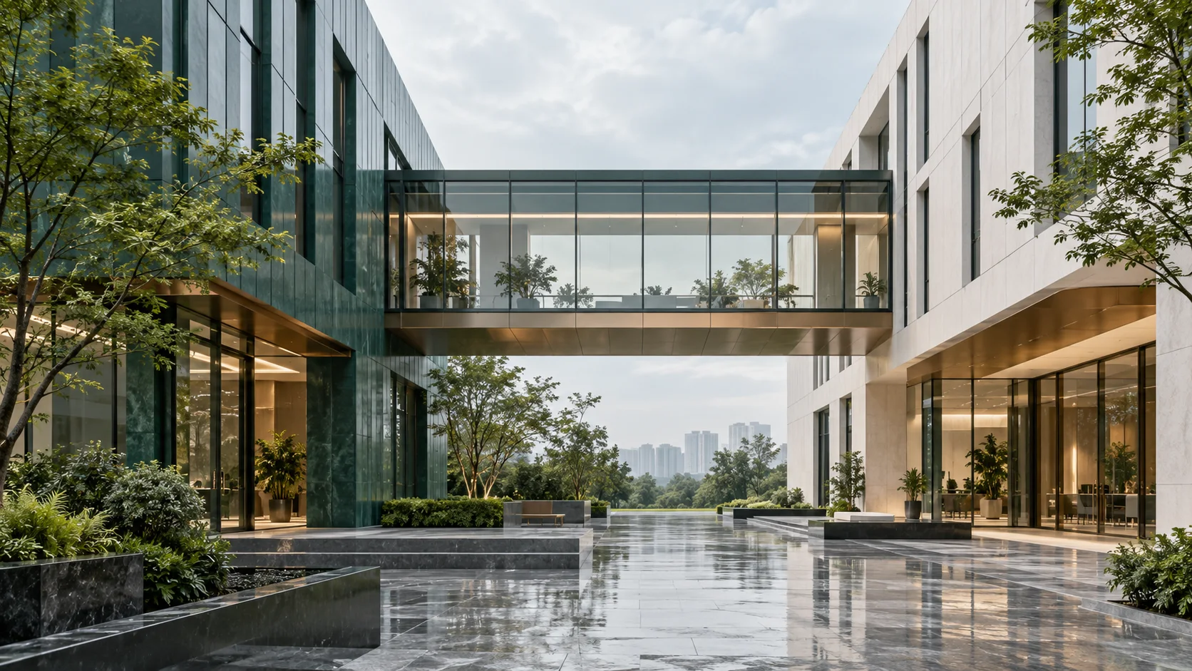 两翼不同材质的建筑通过通透廊桥相连，体量真实克制，以空间关系表达调整与协同