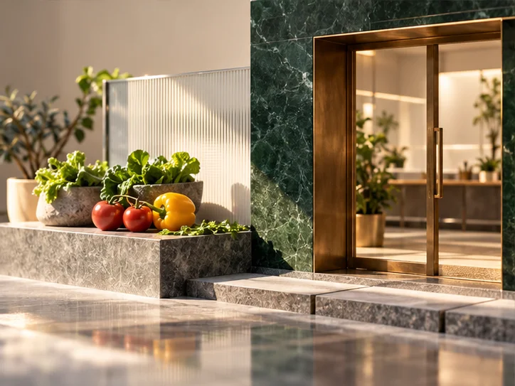 门庭模型的一小段真实材质与经营产品样品相连,表达从准备走向经营,保持实物尺度