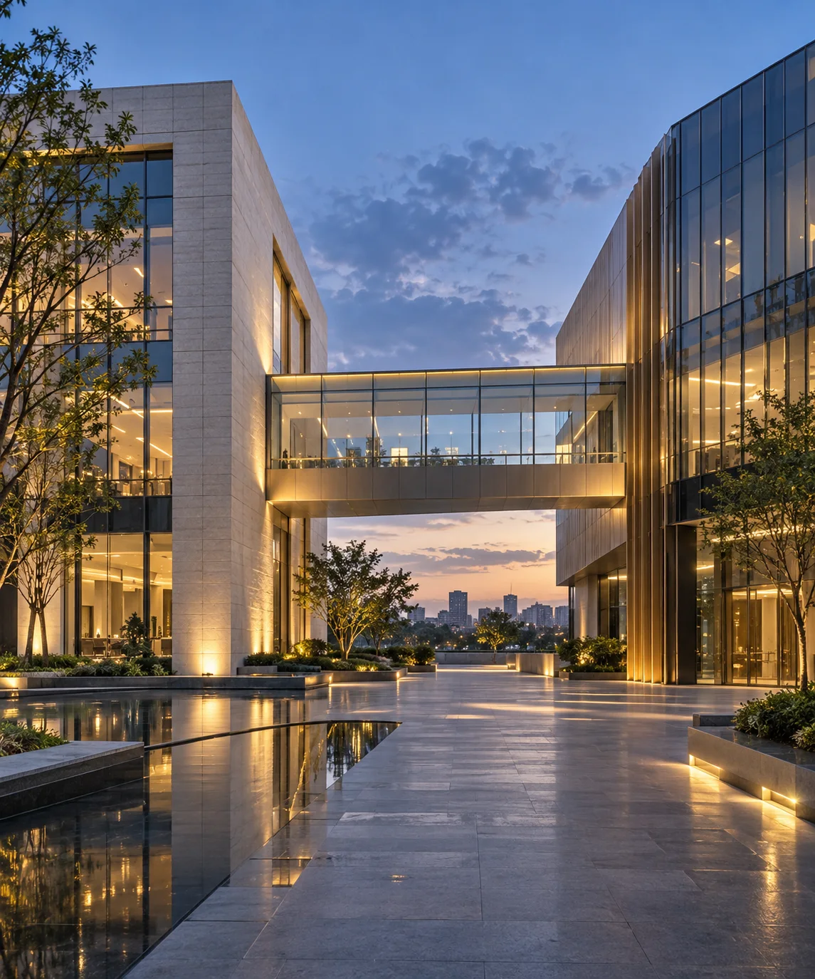 两翼不同材质的建筑通过通透廊桥相连,体量真实克制,以空间关系表达调整与协同