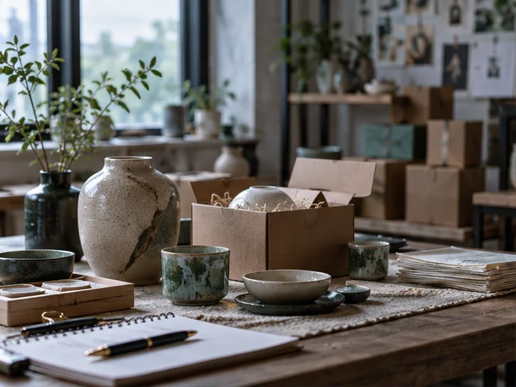 产品设计工作室的陶瓷和包装样品,旁边只有少量业务记录,账务支持产品经营的关系明确