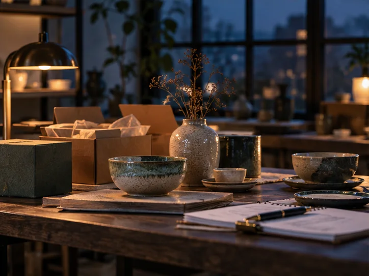 产品设计工作室的陶瓷和包装样品，旁边只有少量业务记录，账务支持产品经营的关系明确