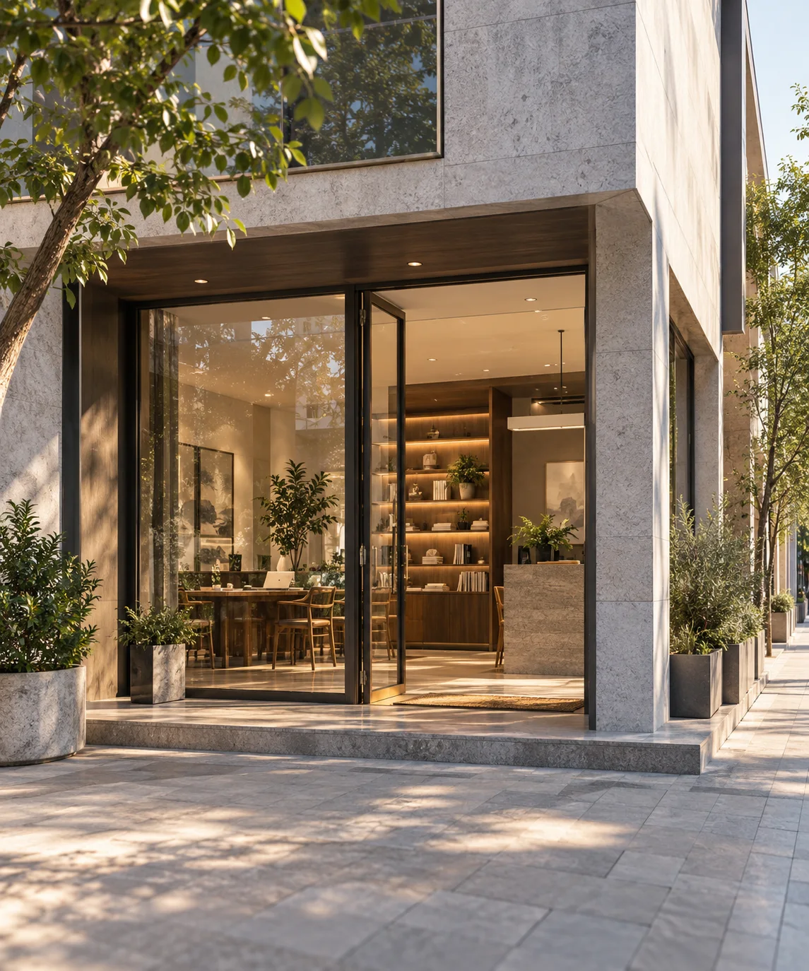 通透的现代街角独立店铺,石材门廊框住温暖的陈列空间,经营日常已从容展开