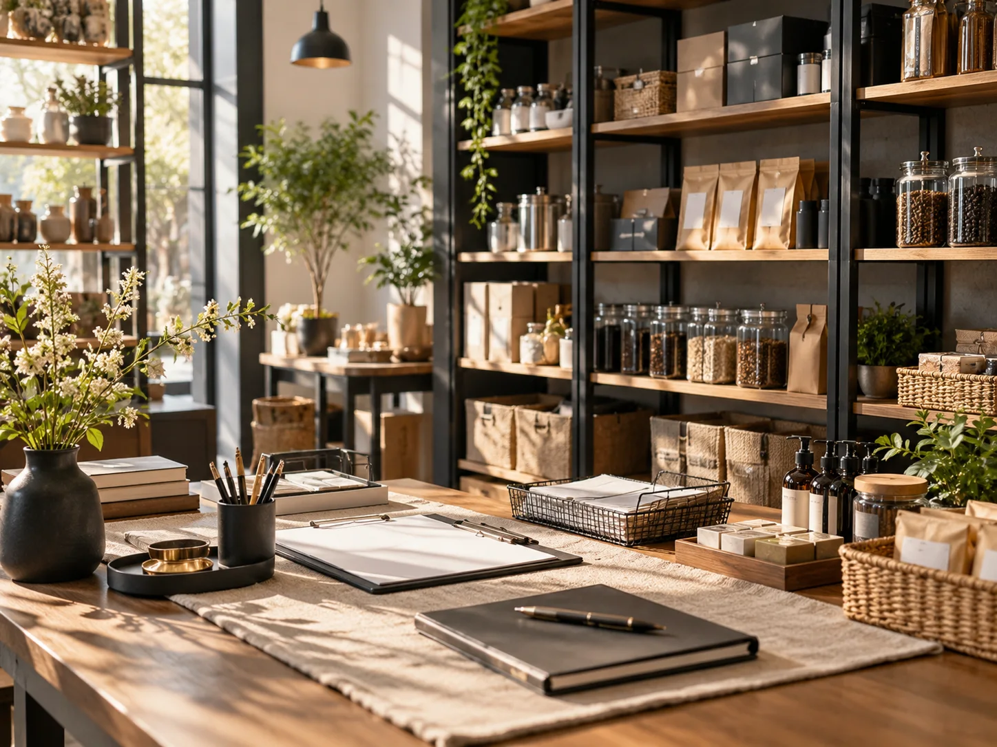 干净的产品样品与分类存储空间，细致的货架、空白资料记录，表现业务条件梳理