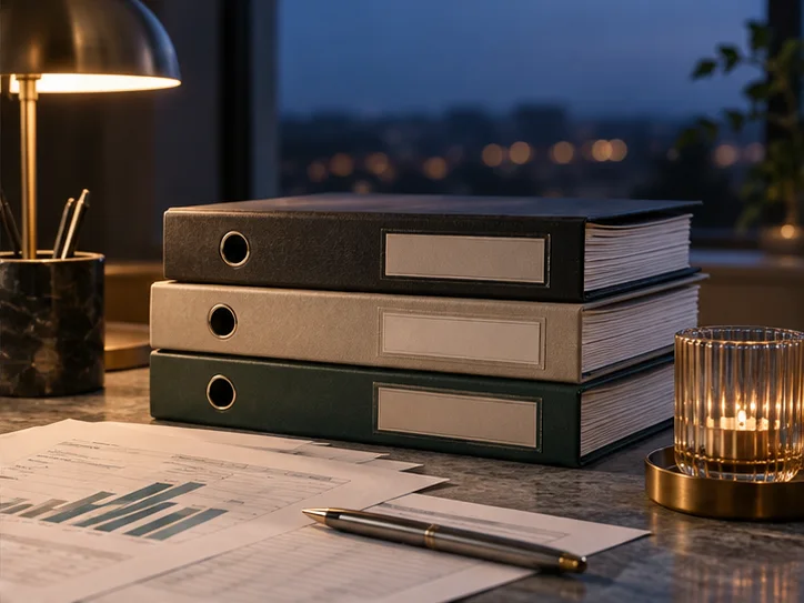 不同厚度的月度档案盒、几页轻薄报表与一支金属笔,放在石材台面上,以光影而非文字解释整理