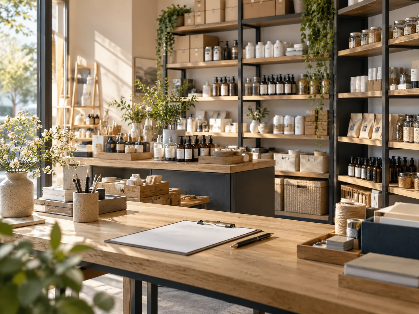 干净的产品样品与分类存储空间，细致的货架、空白资料记录，表现业务条件梳理