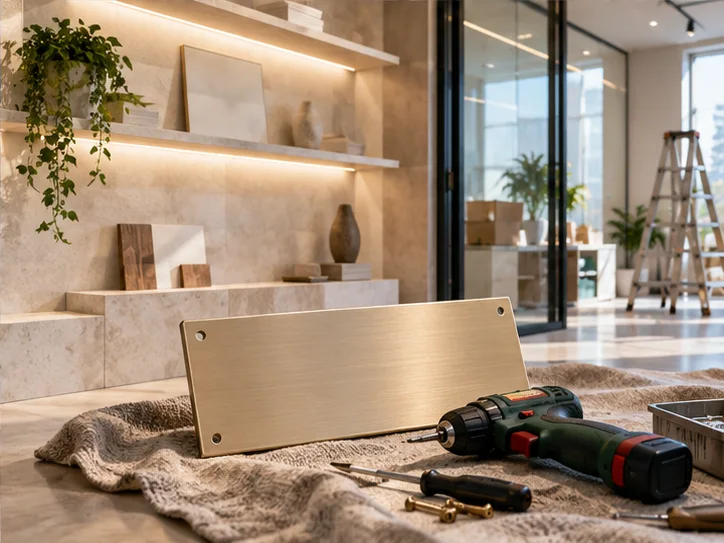 新工作室的样品展示墙刚布置好,未安装的空白门牌与工具放在前景,表达搬迁更新