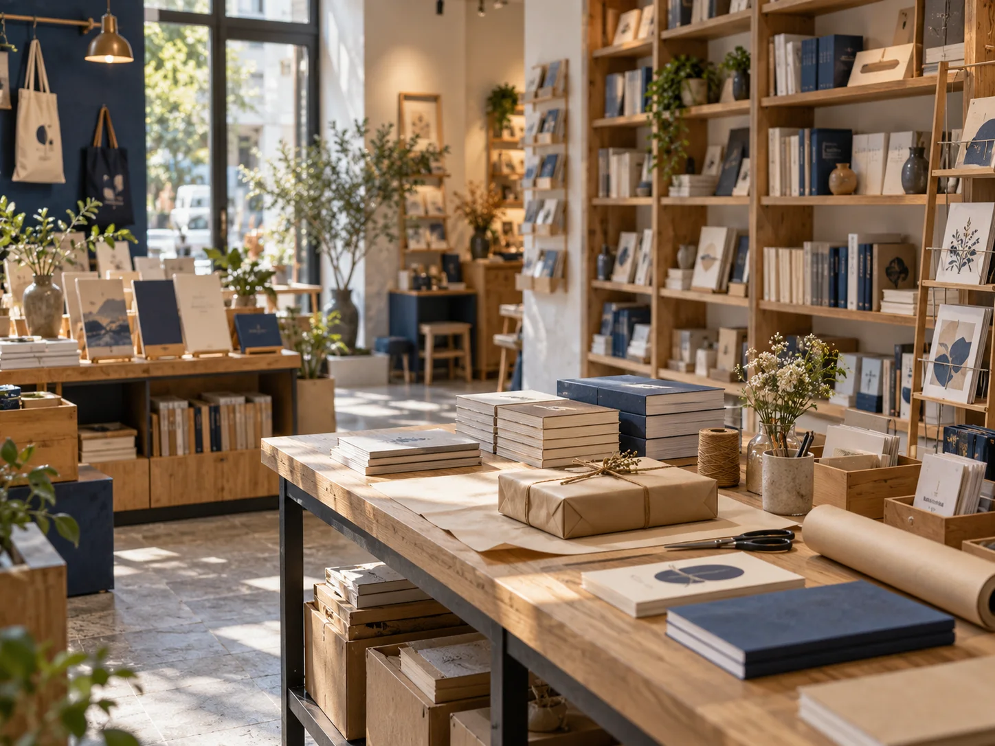 小型图书与文创门店的货架和包装区，书脊无可读文字，表现经营条件准备