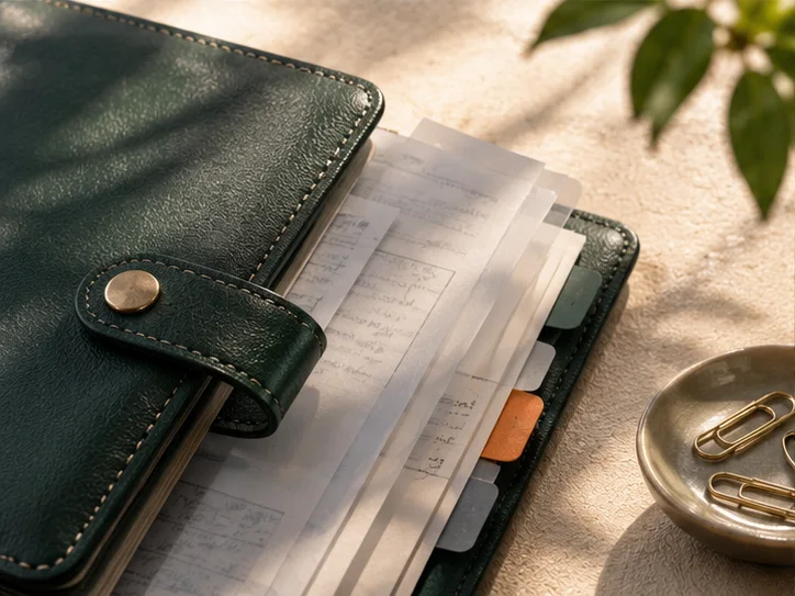 皮革册页、半透明凭证隔页和少量实物产品标签，表现业务记录与核算之间的联系
