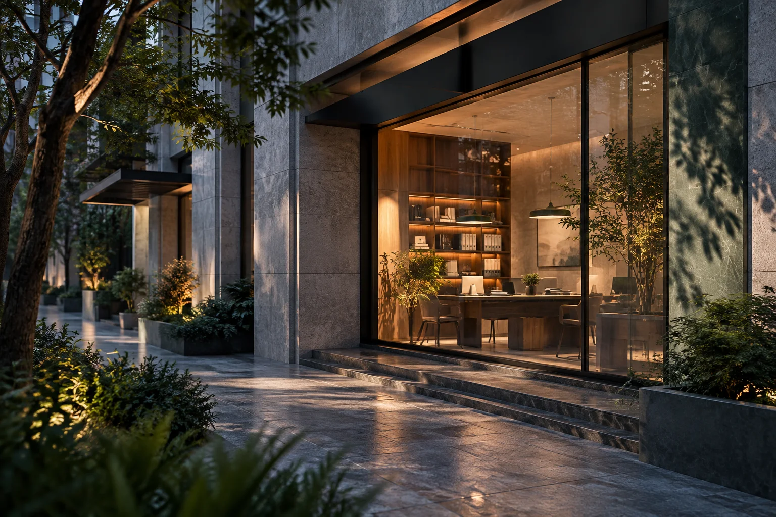 晨间商业建筑的侧立面,精心布置的橱窗成为小范围暖色焦点,前景树影与材质细节丰富