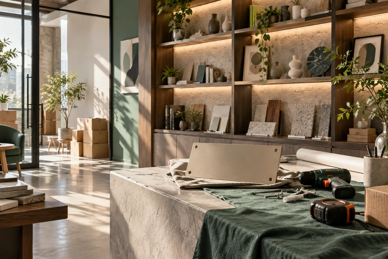 新工作室的样品展示墙刚布置好,未安装的空白门牌与工具放在前景,表达搬迁更新