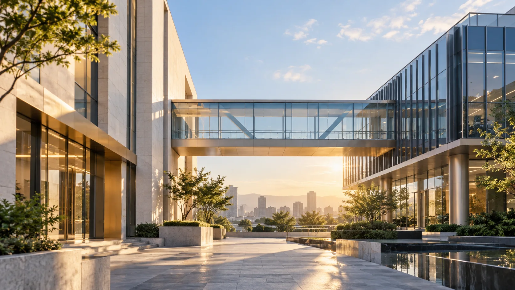 两翼不同材质的建筑通过通透廊桥相连,体量真实克制,以空间关系表达调整与协同