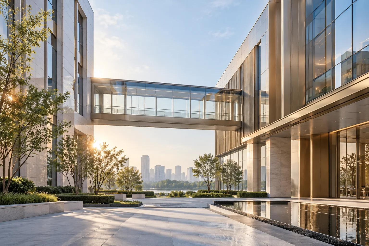 两翼不同材质的建筑通过通透廊桥相连,体量真实克制,以空间关系表达调整与协同
