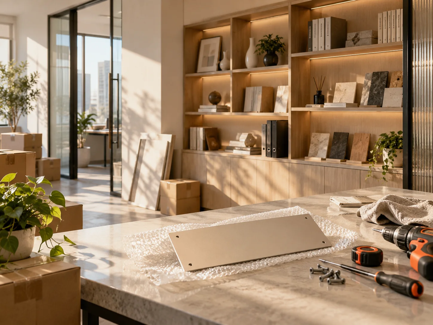 新工作室的样品展示墙刚布置好，未安装的空白门牌与工具放在前景，表达搬迁更新