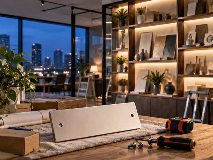 新工作室的样品展示墙刚布置好,未安装的空白门牌与工具放在前景,表达搬迁更新