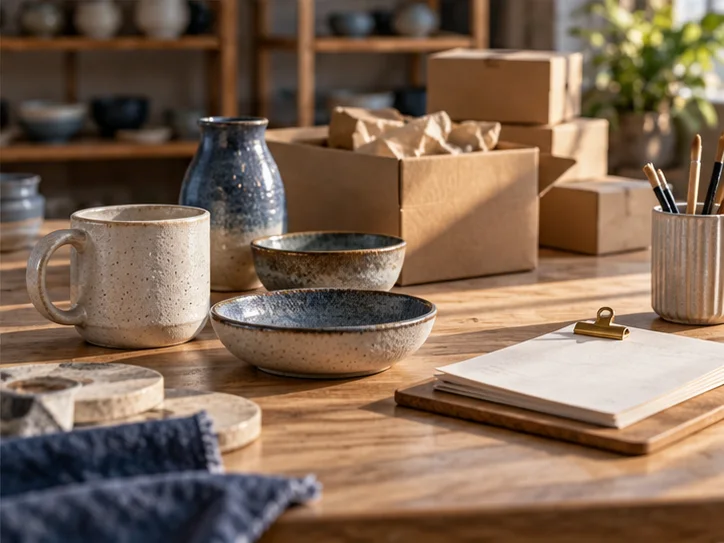 产品设计工作室的陶瓷和包装样品，旁边只有少量业务记录，账务支持产品经营的关系明确