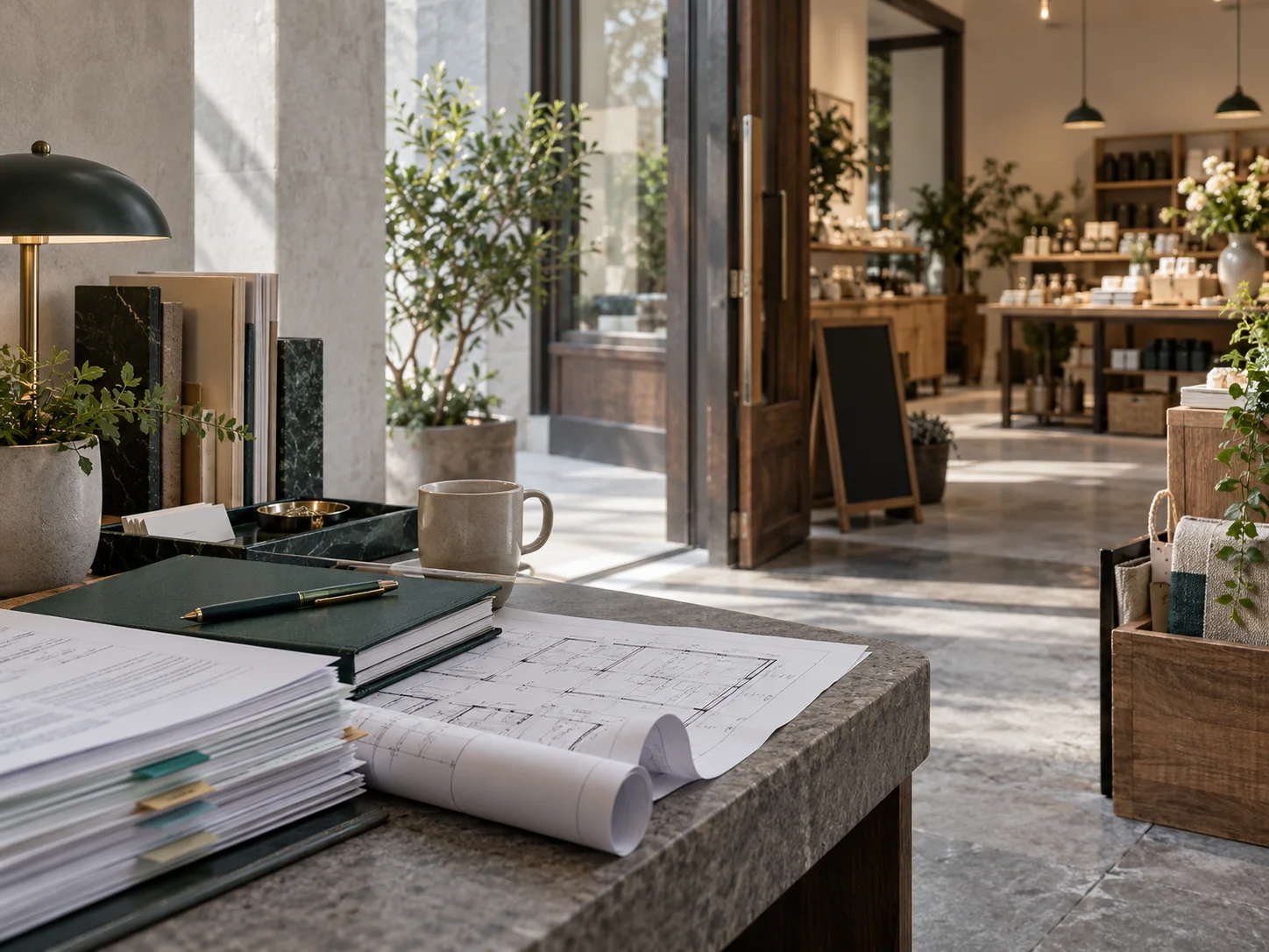 门庭模型的一小段真实材质与经营产品样品相连，表达从准备走向经营，保持实物尺度