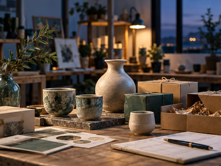 产品设计工作室的陶瓷和包装样品，旁边只有少量业务记录，账务支持产品经营的关系明确
